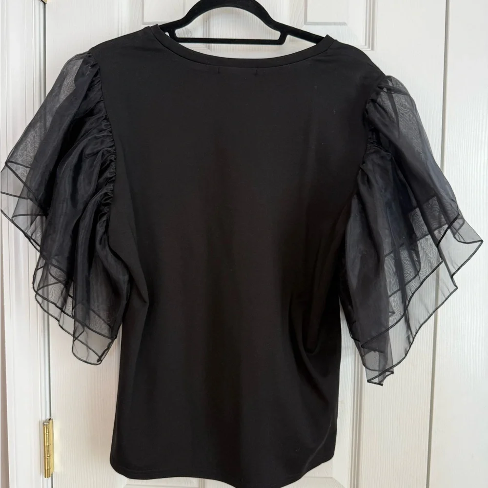 Elegant Black Top with Graphic and Sheer Sleeves - Picture 2 of 3